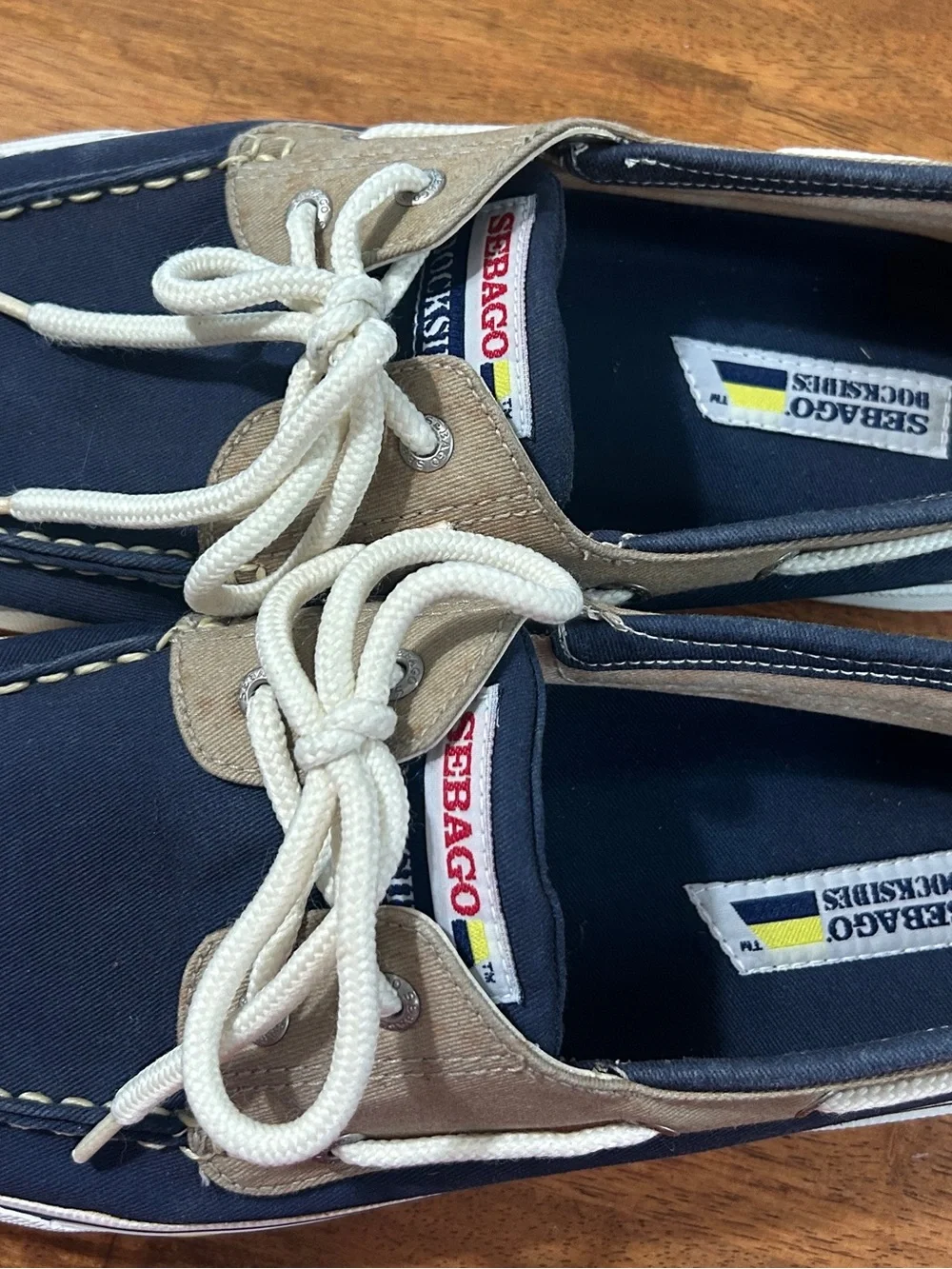 Sebago Navy and Tan Canvas Lace-Up Boat Shoes